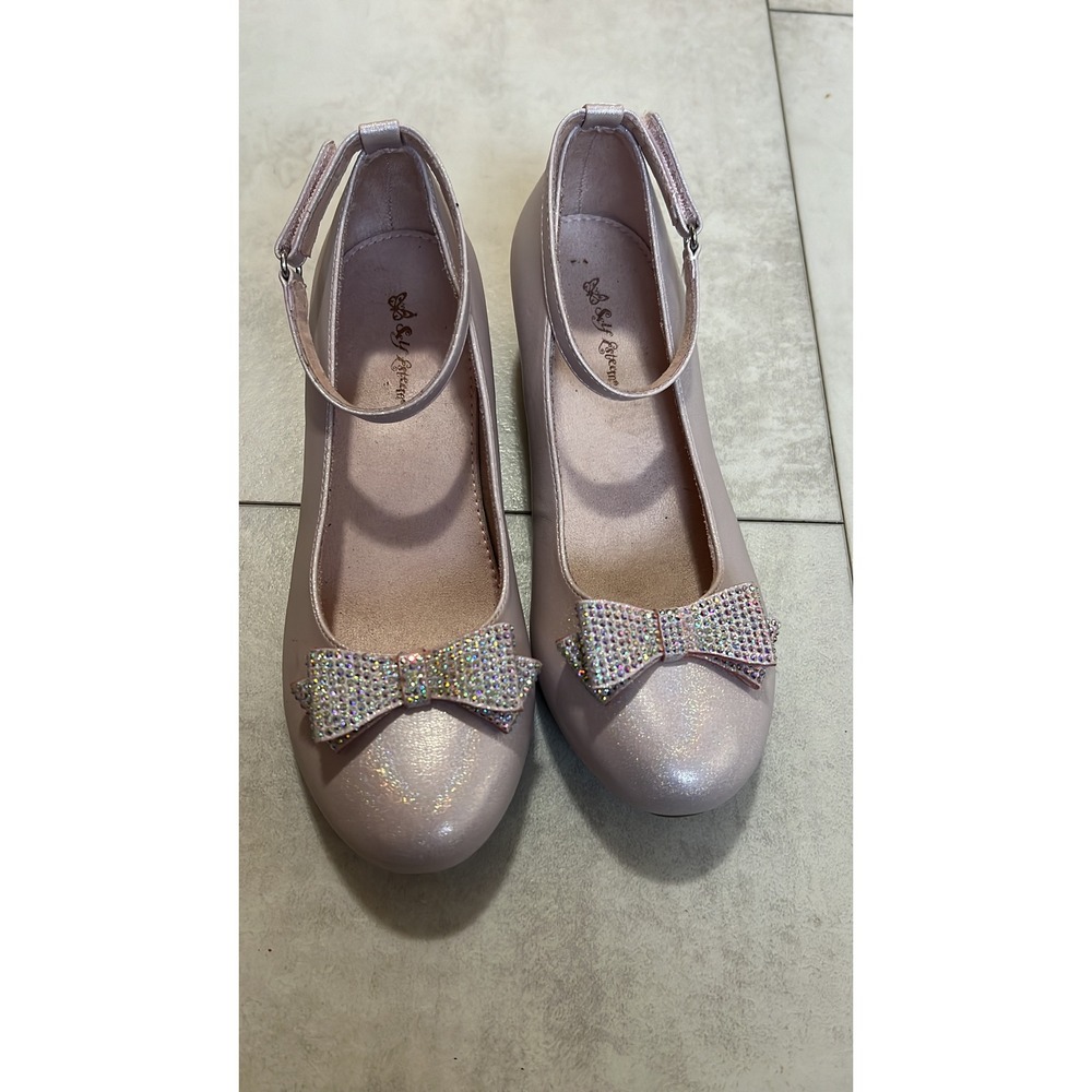 Lily & Dan Pink Shimmer Rhinestone Bow Mary Jane Dress Shoes Block Heel Size 3